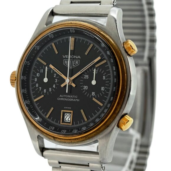 Heuer 38mm Vintage Verona Black Dial Automatic Chronograph Watch - Picture 1 of 9